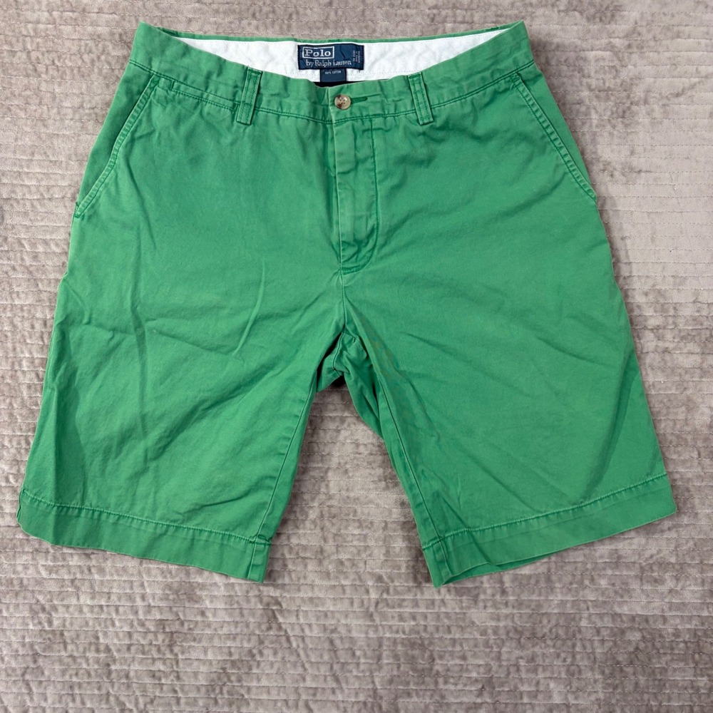 Poloβ Ralph Lauren Mens Green Chino Shorts Size 30 Cotton Twill Flat Front